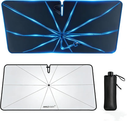 [2026 Upgrade] Car Windshield Sun Shade Umbrella - [10 Fiberglass Ribs][360° Bendable][100% Sun Block] [240T Thickened Titanium Silver ] Ice-Shield Protect Car from Sun Rays Heat Damage