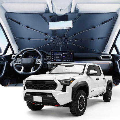 DMJN Umbrella Windshield Sun Shade for Car & SUV, Car Sunshade for Front Windshield [Nano Ice-Crystal Coatings] UPF50+ Heat & UV Block, Protect Interior & Keep Cooler Universal for Most of Sedan & SUV