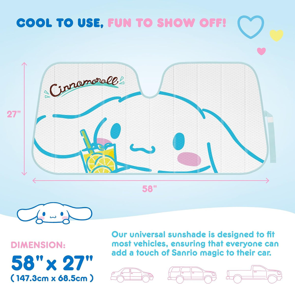 Carbella Cinnamoroll Car Windshield Sun Shade, Official Sanrio Accordion Style Sunshade for Car Window, Cute Kawaii Car Sun Shade Windshield, Cinnamoroll Car Accessories for Women (Lemon Chill)