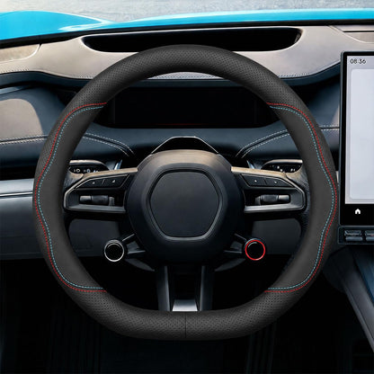 Craedli Black Dual-Line Nappa Leather Car Steering Wheel Cover 14.5-15 Inch