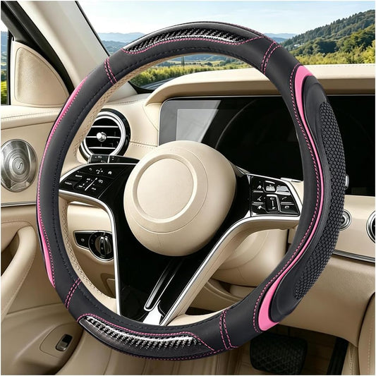 Leather Steering Wheel Cover with Silicone Grip Pads, Black/Pink