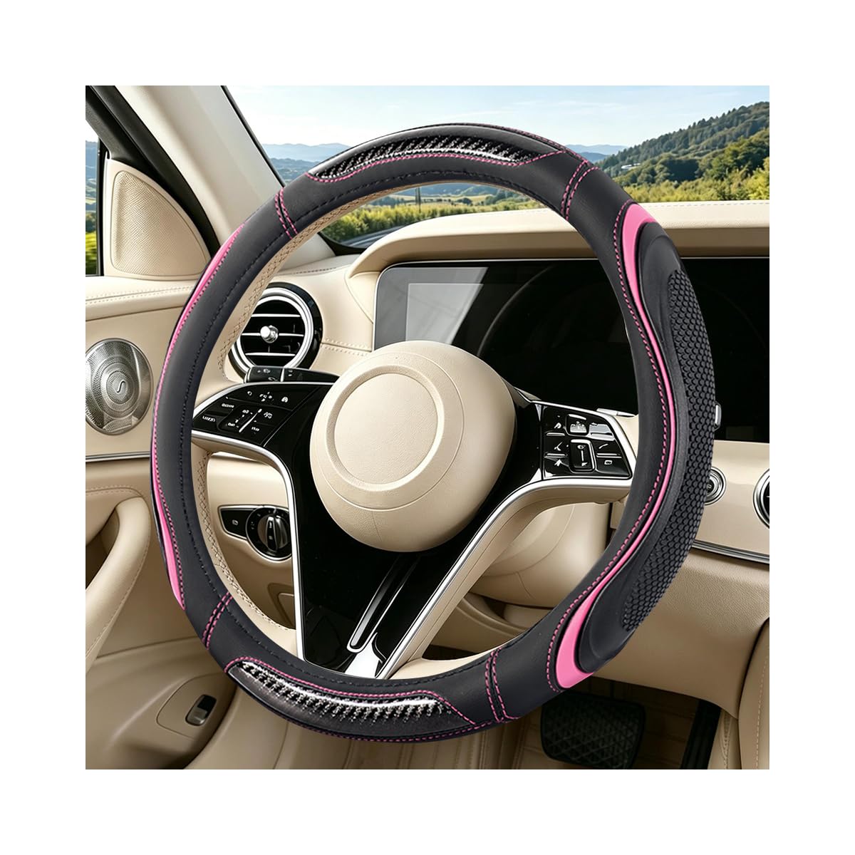 Leather Steering Wheel Cover with Silicone Grip Pads, Black/Pink