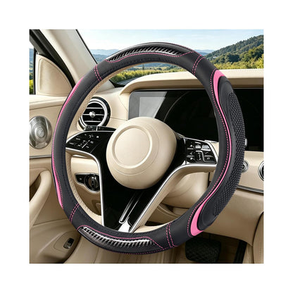 Leather Steering Wheel Cover with Silicone Grip Pads, Black/Pink