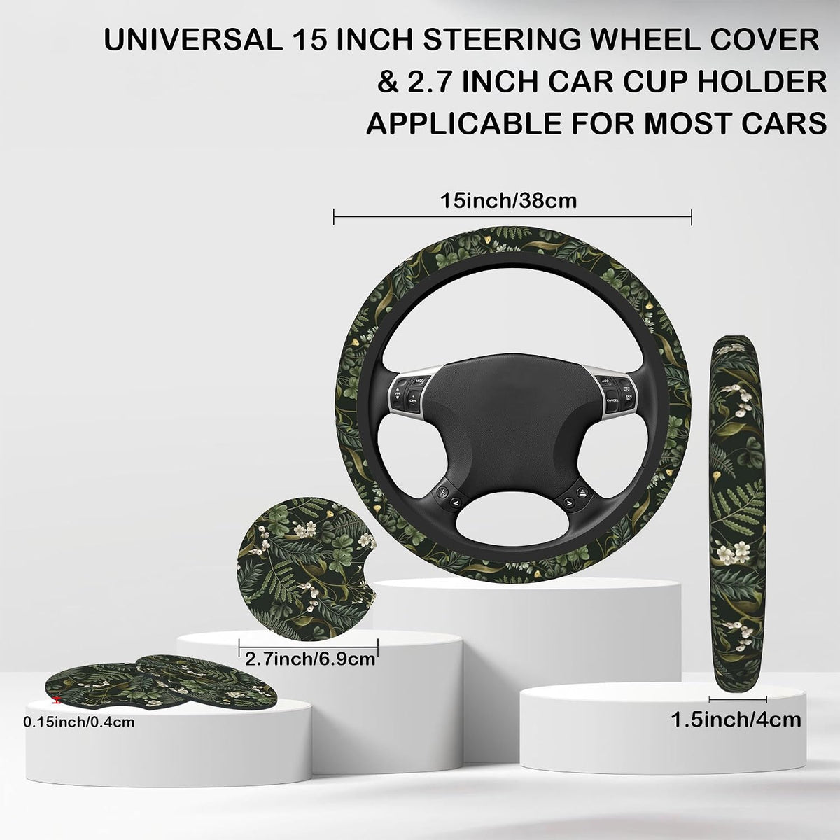 Botanical Flowers Berries Leaves Steering Wheel Cover for Women, Anti-Slip Car Steering Wheel Cover with 2 Pcs Cup Holders Neoprene Breathable Car Accessories Universal 15 Inch Auto Interior Decor