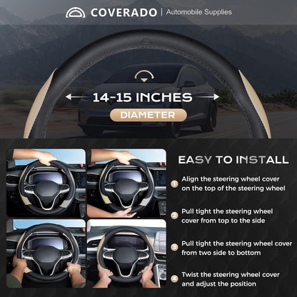 Coverado Car Steering Wheel Cover, Nappa Leather Black & Brown Steering Wheel Covers, Universal 14-15 inch, Anti-Slip, Breathable Steering Wheel Protector for Women Men