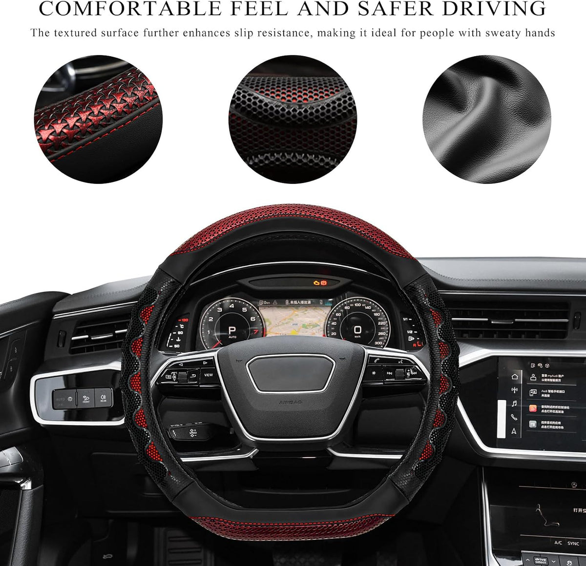 Car Steering Wheel Cover, 15 Inch Anti-Slip Steering Wheel Cover Protector with 3D Honeycomb Design, Universal Steering Wheel Covers for Cars Truck SUV, Car Accessories (Red)