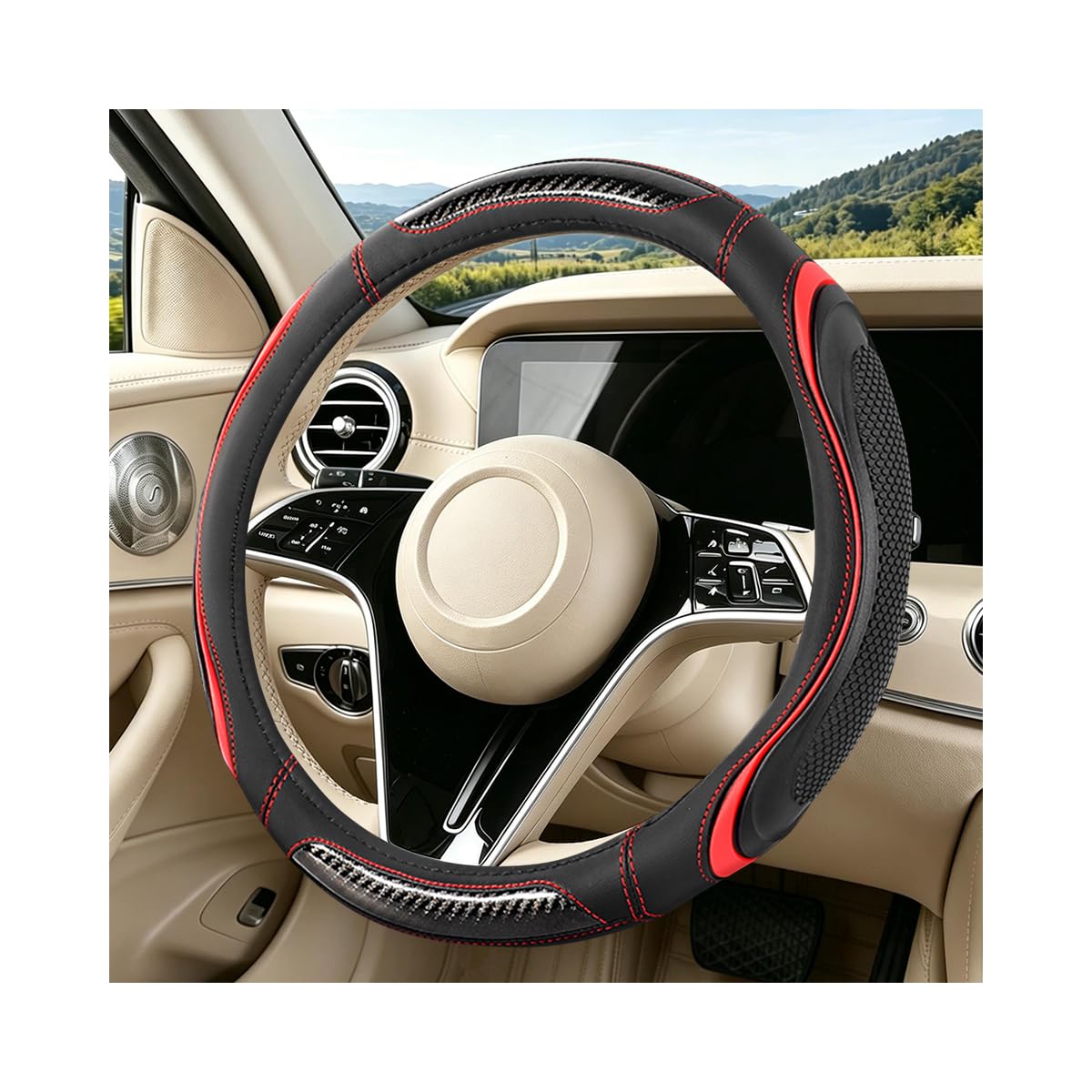 Leather Steering Wheel Cover with Silicone Grip Pads, Black/Pink