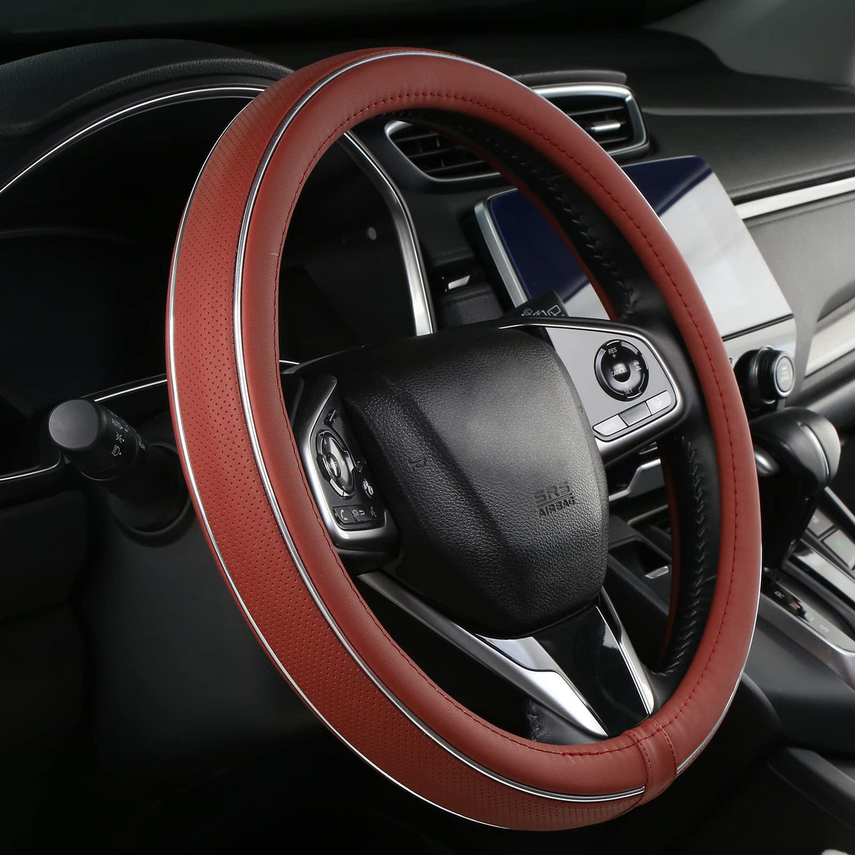 ALEMODR Green Leather Steering Wheel Cover Fiber Strip Car Steering Wheel Cover Universal 15 inch