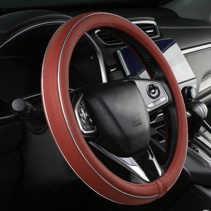 ALEMODR Green Leather Steering Wheel Cover Fiber Strip Car Steering Wheel Cover Universal 15 inch