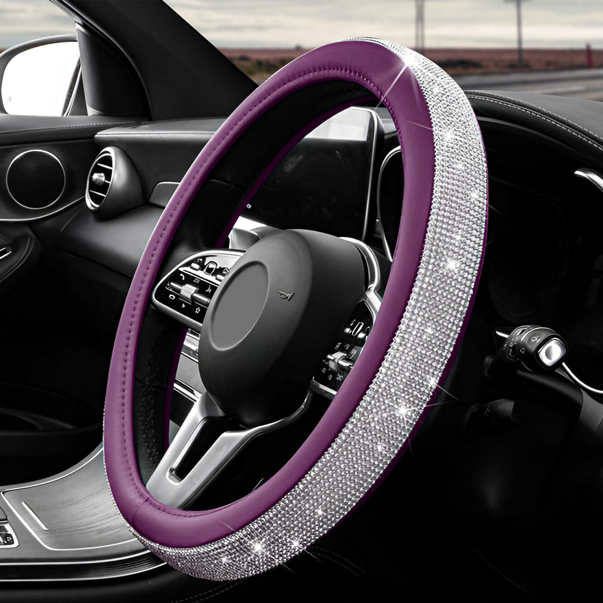 Diamond Leather Steering Wheel Cover, 15 Inch Bling Crystal Rhinestone Anti-Slip Wheel Protector, Universal Sparkling Elegant Diamond Steering Wheels Cover for Women Girl (White&Pink)