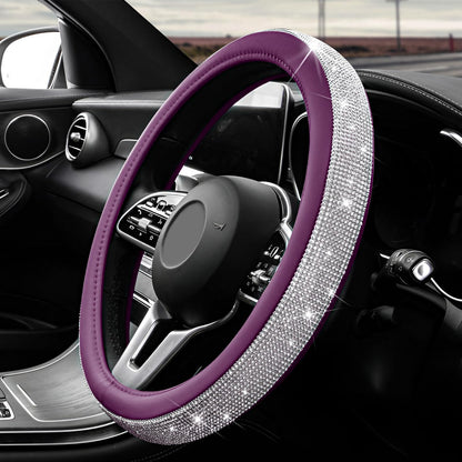 Diamond Leather Steering Wheel Cover, 15 Inch Bling Crystal Rhinestone Anti-Slip Wheel Protector, Universal Sparkling Elegant Diamond Steering Wheels Cover for Women Girl (White&Pink)