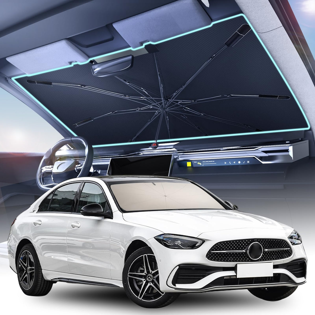[2026 Upgrade] Coverado Windshield Sun Shade, UPF80+ Sunshade for Car Windshield Blocks Heat & UV Rays, Thickened Vinyl Coating Keep Cool Protect Interior, M 57”x32” for Sedans/SUVs