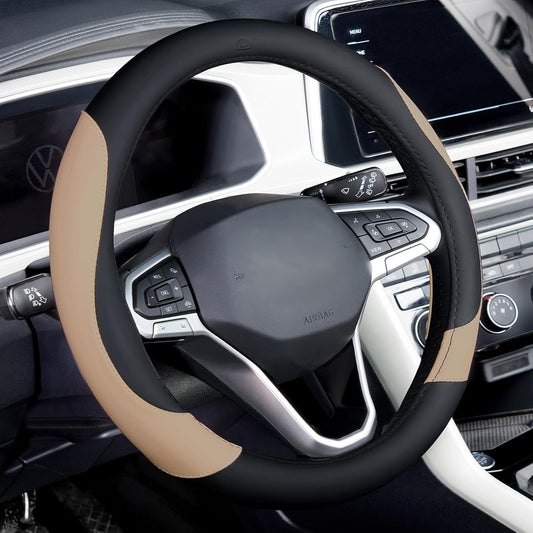 Coverado Car Steering Wheel Cover, Nappa Leather Black & Brown Steering Wheel Covers, Universal 14-15 inch, Anti-Slip, Breathable Steering Wheel Protector for Women Men
