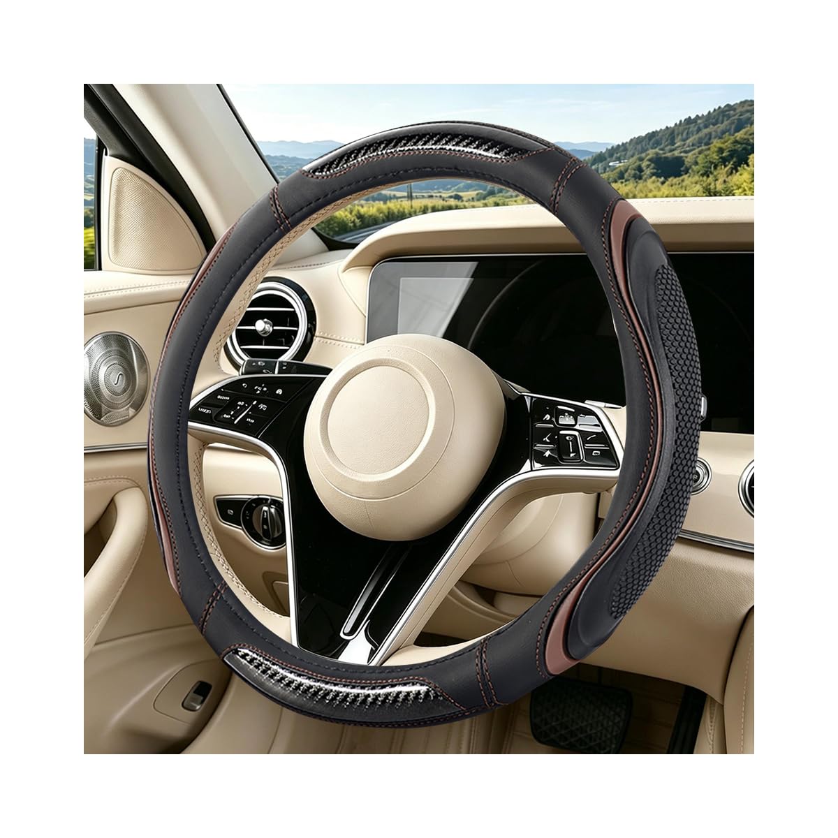 Leather Steering Wheel Cover with Silicone Grip Pads, Black/Pink