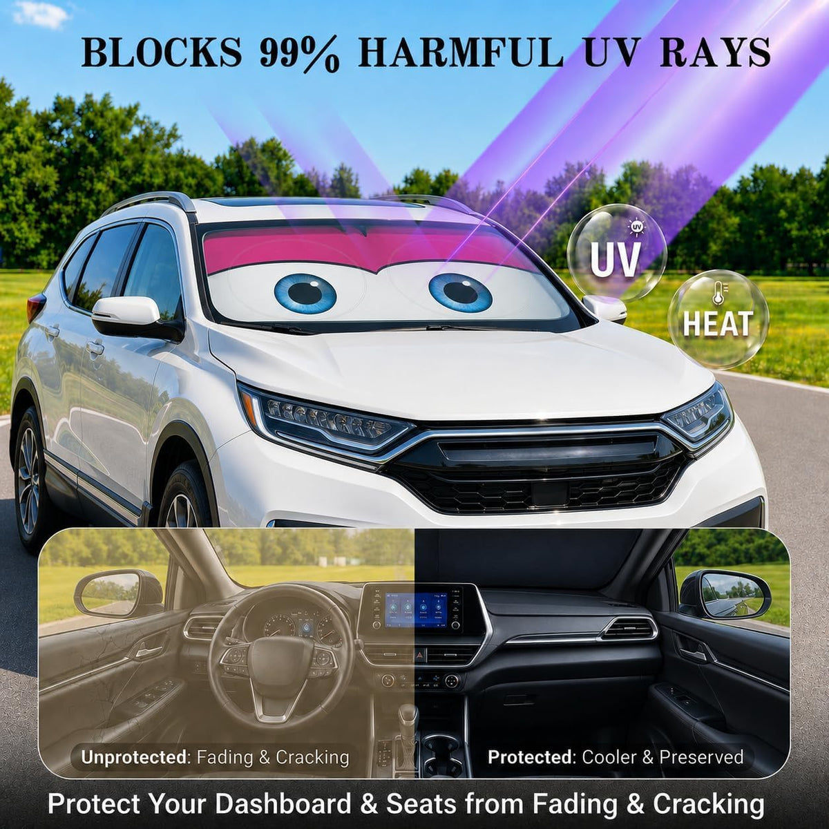 Car Windshield Sun Shade, Universal Fit Midsized Sedan SUV, Cute Pink