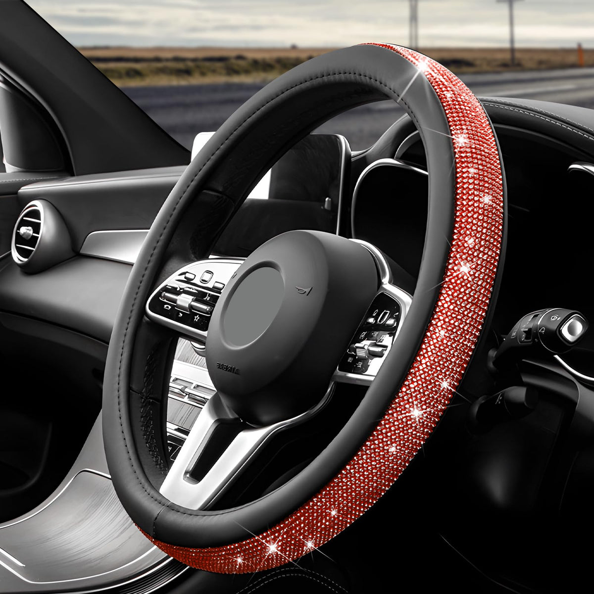 Diamond Leather Steering Wheel Cover, 15 Inch Bling Crystal Rhinestone Anti-Slip Wheel Protector, Universal Sparkling Elegant Diamond Steering Wheels Cover for Women Girl (White&Pink)