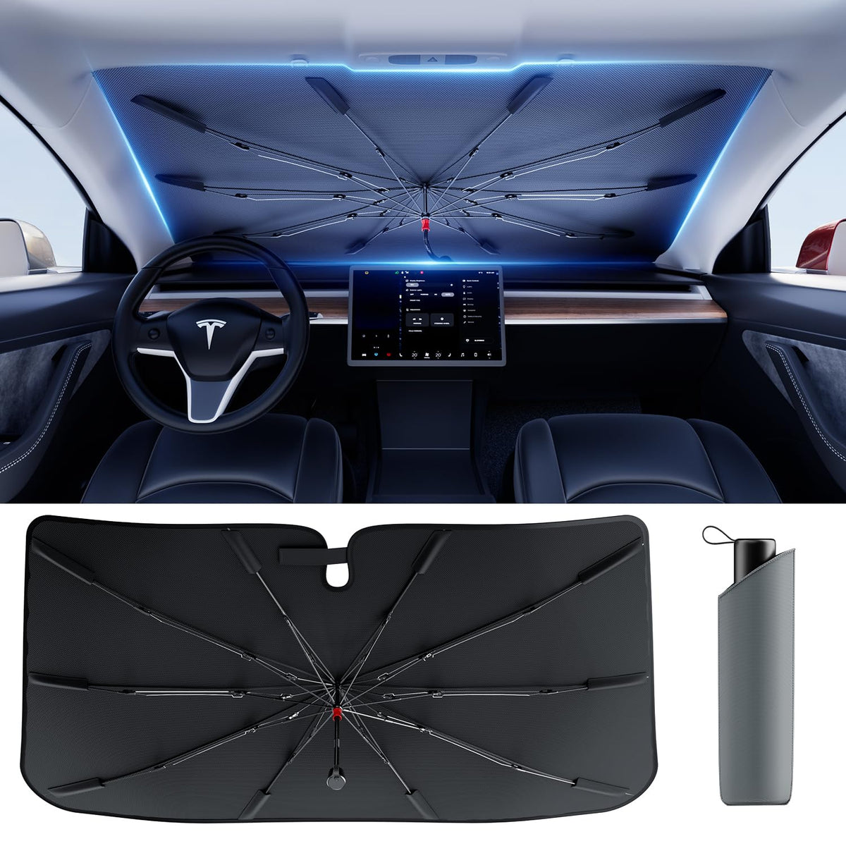 DMJN Umbrella Windshield Sun Shade for Car & SUV, Car Sunshade for Front Windshield [Nano Ice-Crystal Coatings] UPF50+ Heat & UV Block, Protect Interior & Keep Cooler Universal for Most of Sedan & SUV