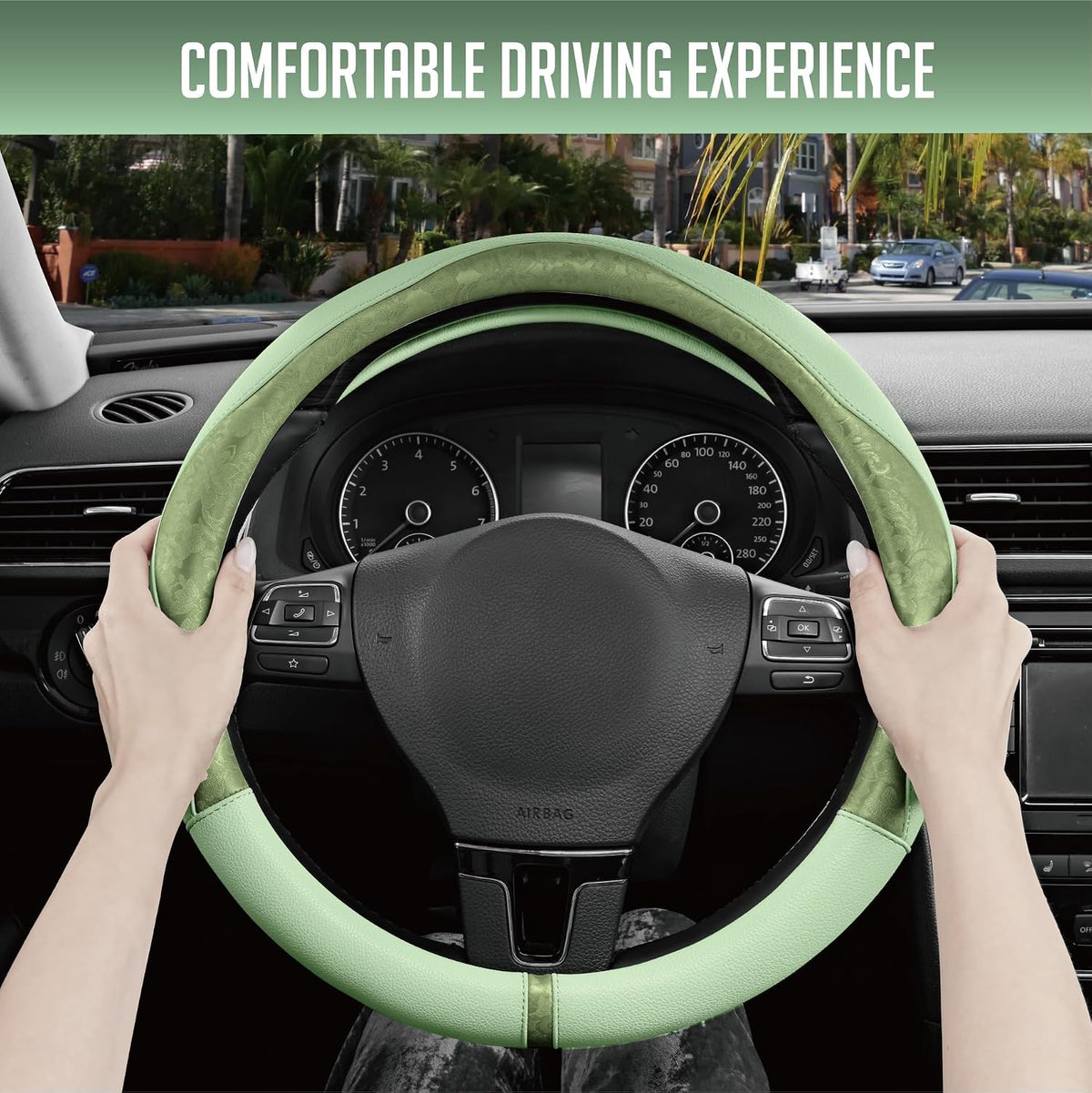 PIC AUTO Steering Wheel Cover, Green Patterned Leather Patchwork Design, Universal Fit 14.5"–15.5", Anti-Slip, Odor-Free, Soft PU Grain Leather, Durable Grip Car Accessory for Girls & Women