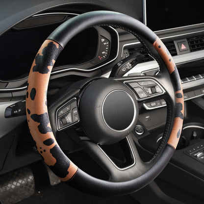 Cow Print Steering Wheel Cover,14.5-15",Microfiber Leather,Anti-Slip,Women