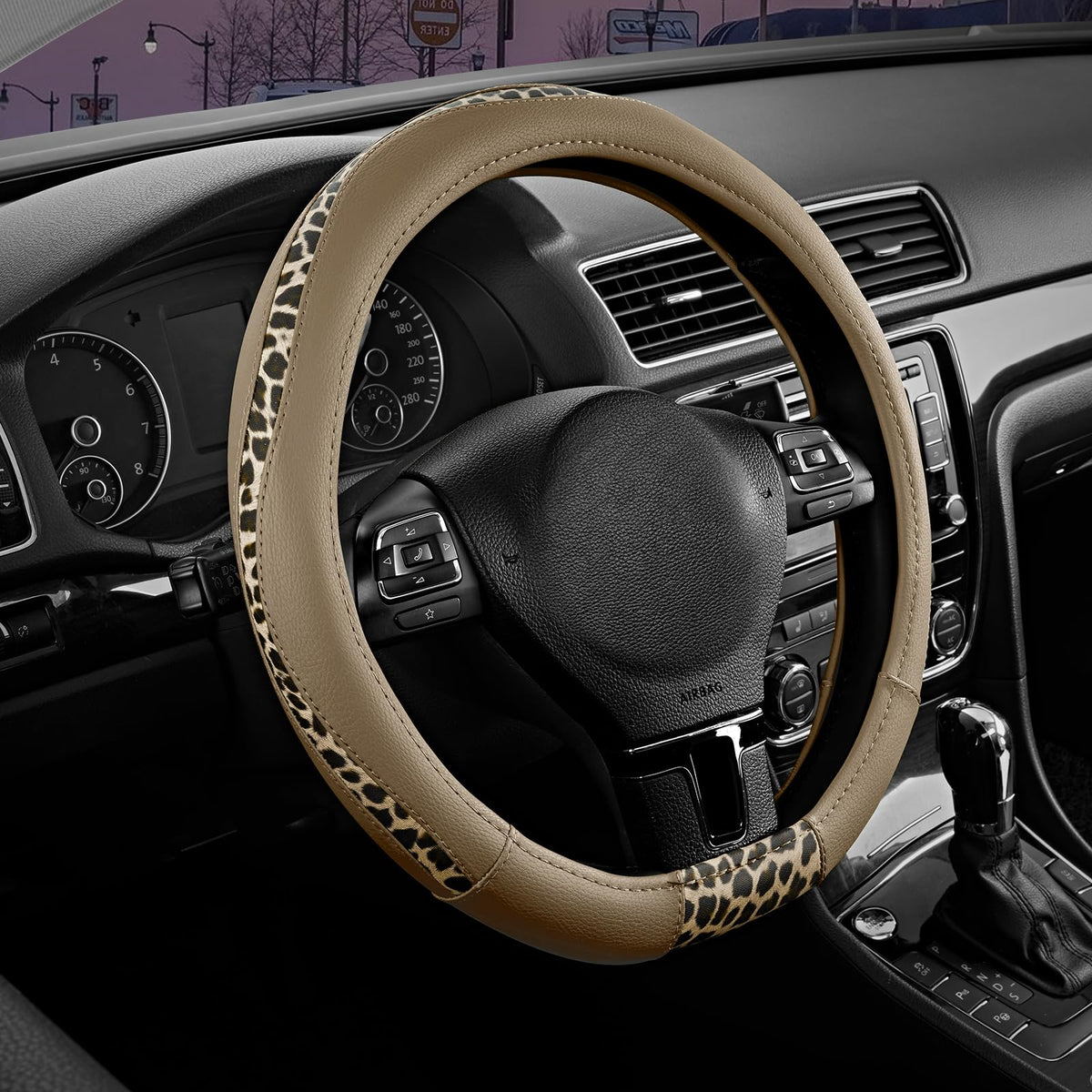 Road Comforts Steering Wheel Cover - Flat Bottom Wheel Cover Made with PVC Leather and Leopard Fabric - Universal Fit for 15-Inch D-Shaped Automotive Steering Wheels (Black Color)