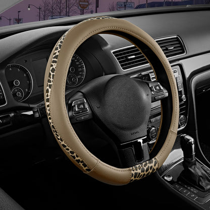 Road Comforts Steering Wheel Cover - Flat Bottom Wheel Cover Made with PVC Leather and Leopard Fabric - Universal Fit for 15-Inch D-Shaped Automotive Steering Wheels (Black Color)