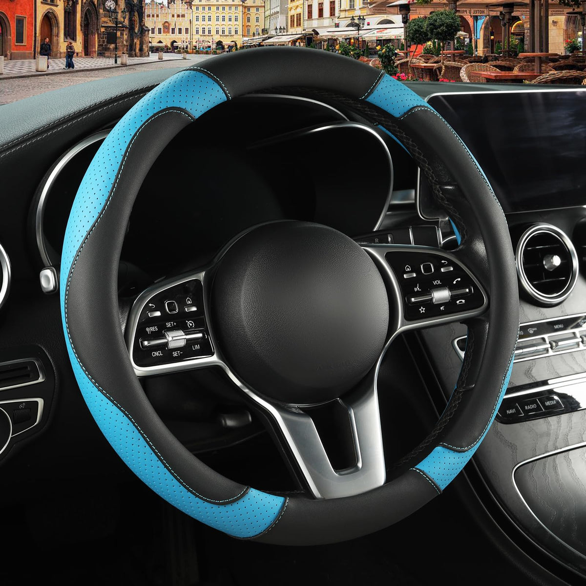 Black Red Microfiber Leather Steering Wheel Cover 14 inch