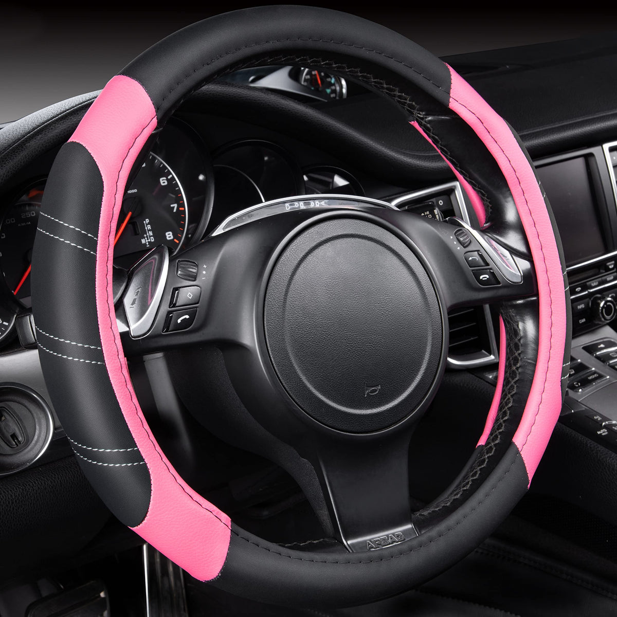 CAR PASS Rhombus Leather Universal Steering Wheel Cover, Fit for Suvs,Trucks,Cars,Sedans,Vans (Black&Burgundy)