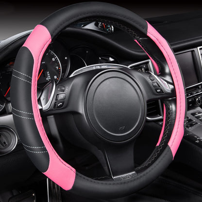 CAR PASS Rhombus Leather Universal Steering Wheel Cover, Fit for Suvs,Trucks,Cars,Sedans,Vans (Black&Burgundy)