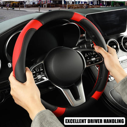 Black Red Microfiber Leather Steering Wheel Cover 14 inch