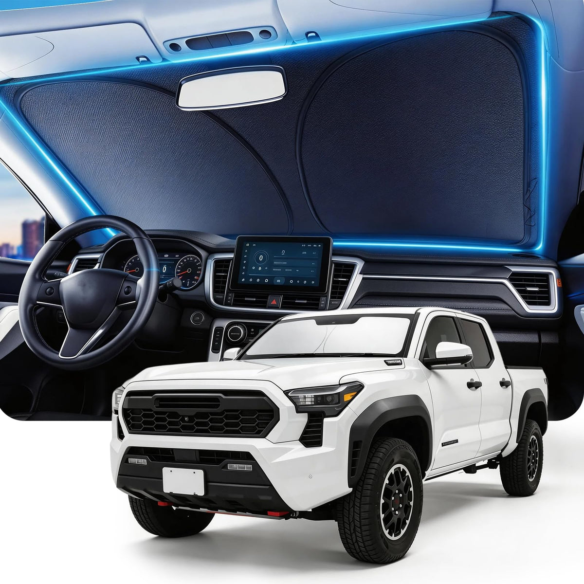 DMJN Front Windshield Sun Shade for Universal Medium Size, [Nano Ice-Crystal Coatings] UPF50+ Heat & UV Block, Protect Car Interior & Keep Cool, Flodable Steel-Ring Car Cover for Summer
