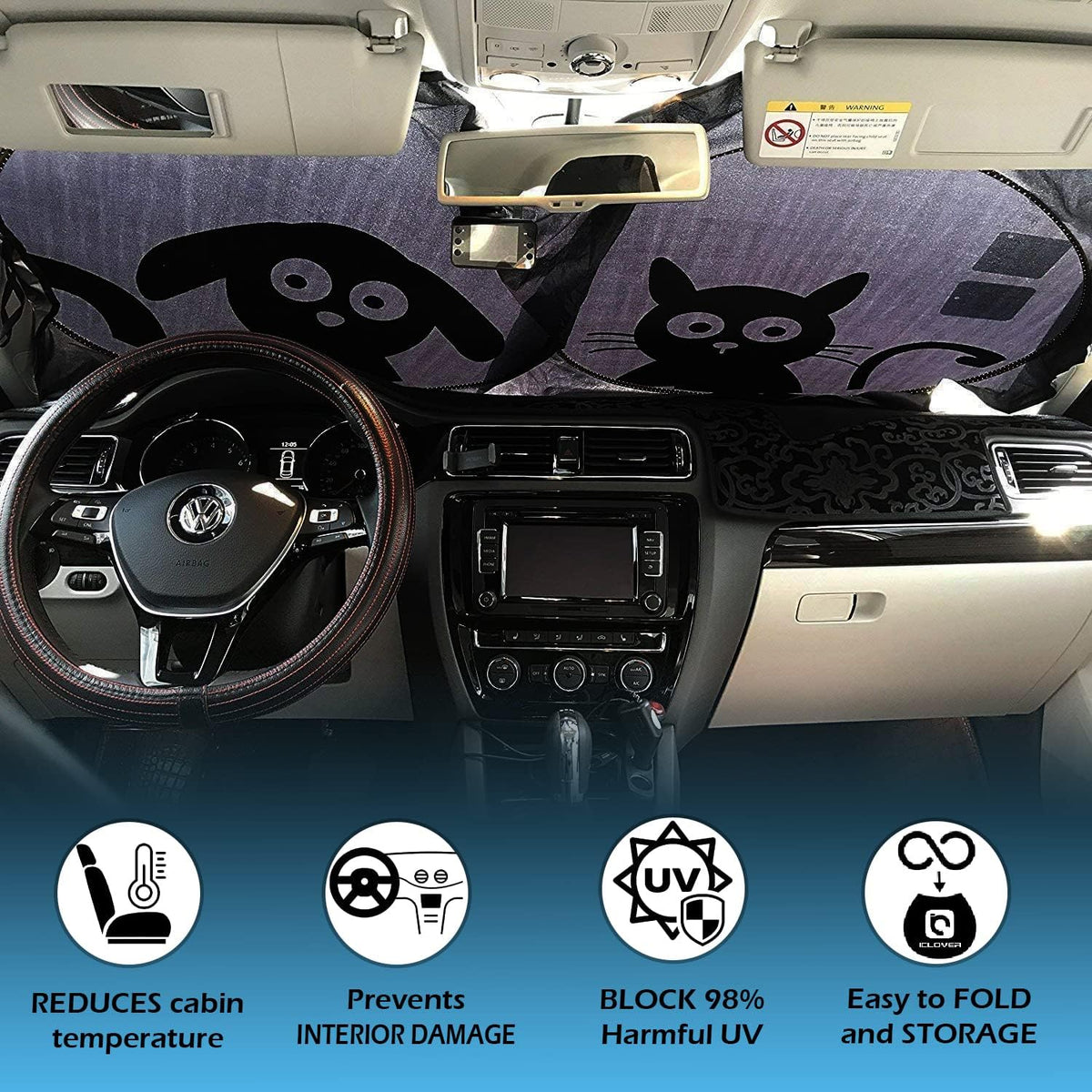 Car Windshield Sunshade, Cute Dog & Cat Front Windshield Sun Shade - Medium