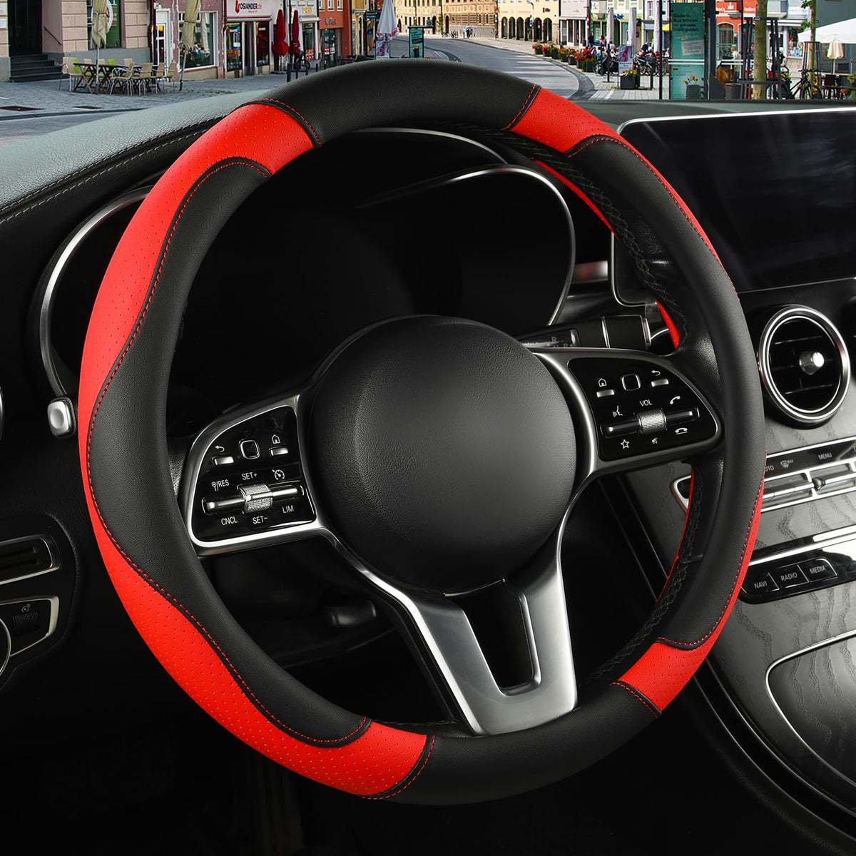 Black Red Microfiber Leather Steering Wheel Cover 14 inch