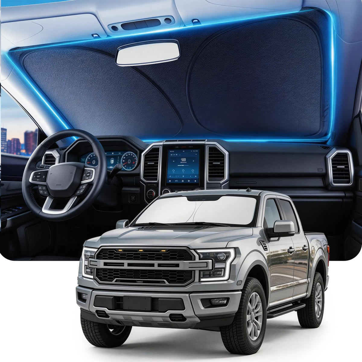 DMJN Front Windshield Sun Shade for Universal Medium Size, [Nano Ice-Crystal Coatings] UPF50+ Heat & UV Block, Protect Car Interior & Keep Cool, Flodable Steel-Ring Car Cover for Summer