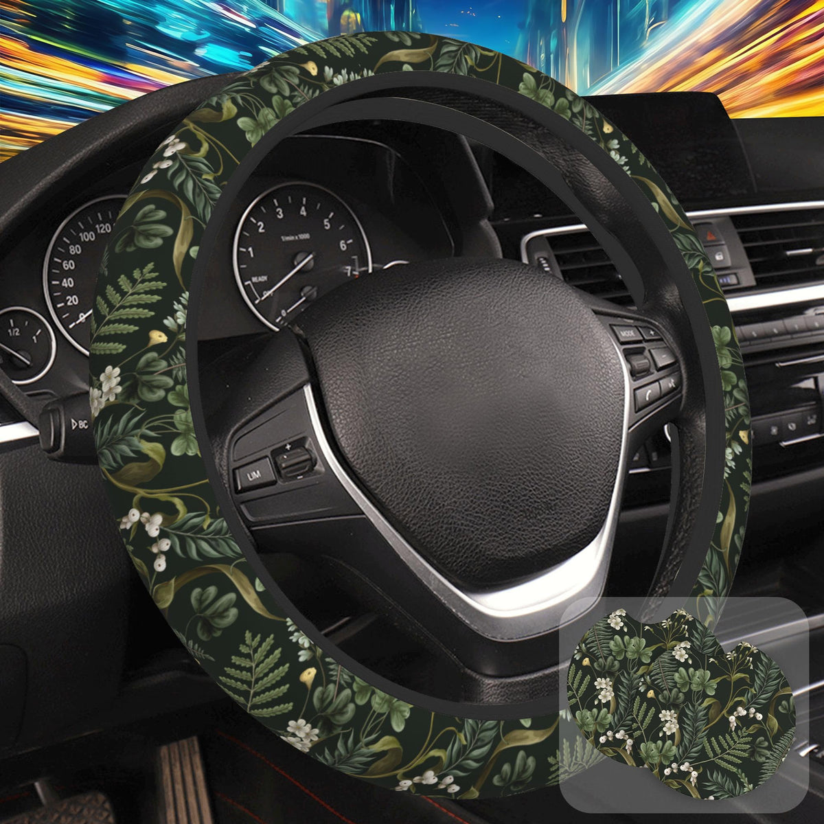 Botanical Flowers Berries Leaves Steering Wheel Cover for Women, Anti-Slip Car Steering Wheel Cover with 2 Pcs Cup Holders Neoprene Breathable Car Accessories Universal 15 Inch Auto Interior Decor
