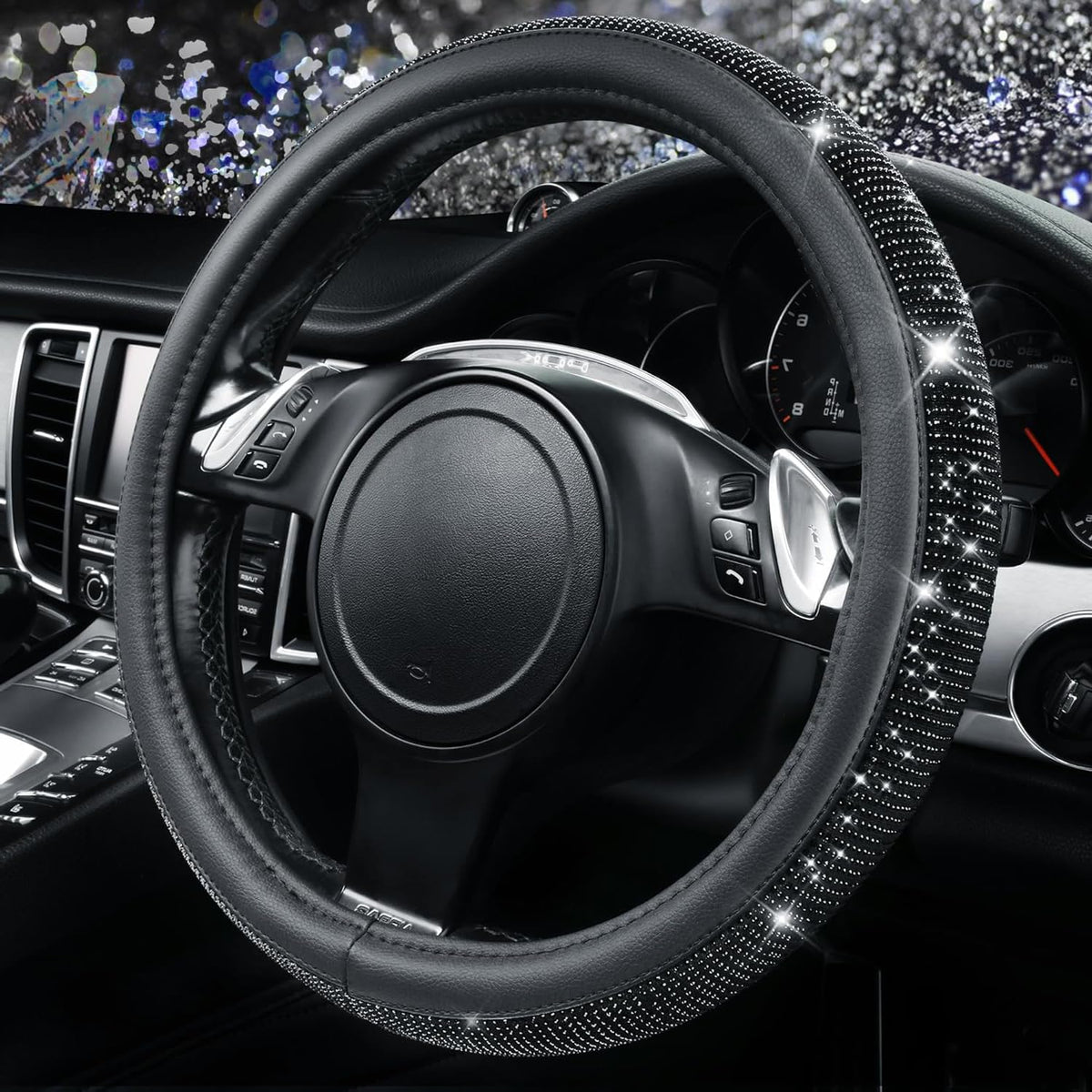 CAR PASS Bling Diamond Steering Wheel Cover Leopard Pattern, Sparkly Crystal Glitter Rhinestones Black Leather Wheel Protect for Women Girl Fit Suvs,Vans,Sedans,Cars,Trucks, 14" 1/2-15" Gold Leopard