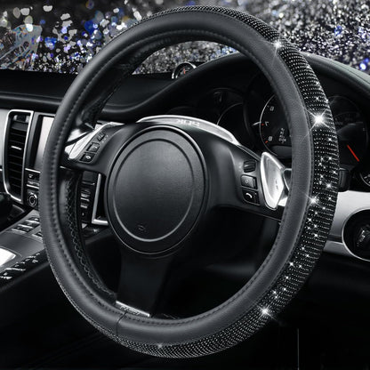 CAR PASS Bling Diamond Steering Wheel Cover Leopard Pattern, Sparkly Crystal Glitter Rhinestones Black Leather Wheel Protect for Women Girl Fit Suvs,Vans,Sedans,Cars,Trucks, 14" 1/2-15" Gold Leopard