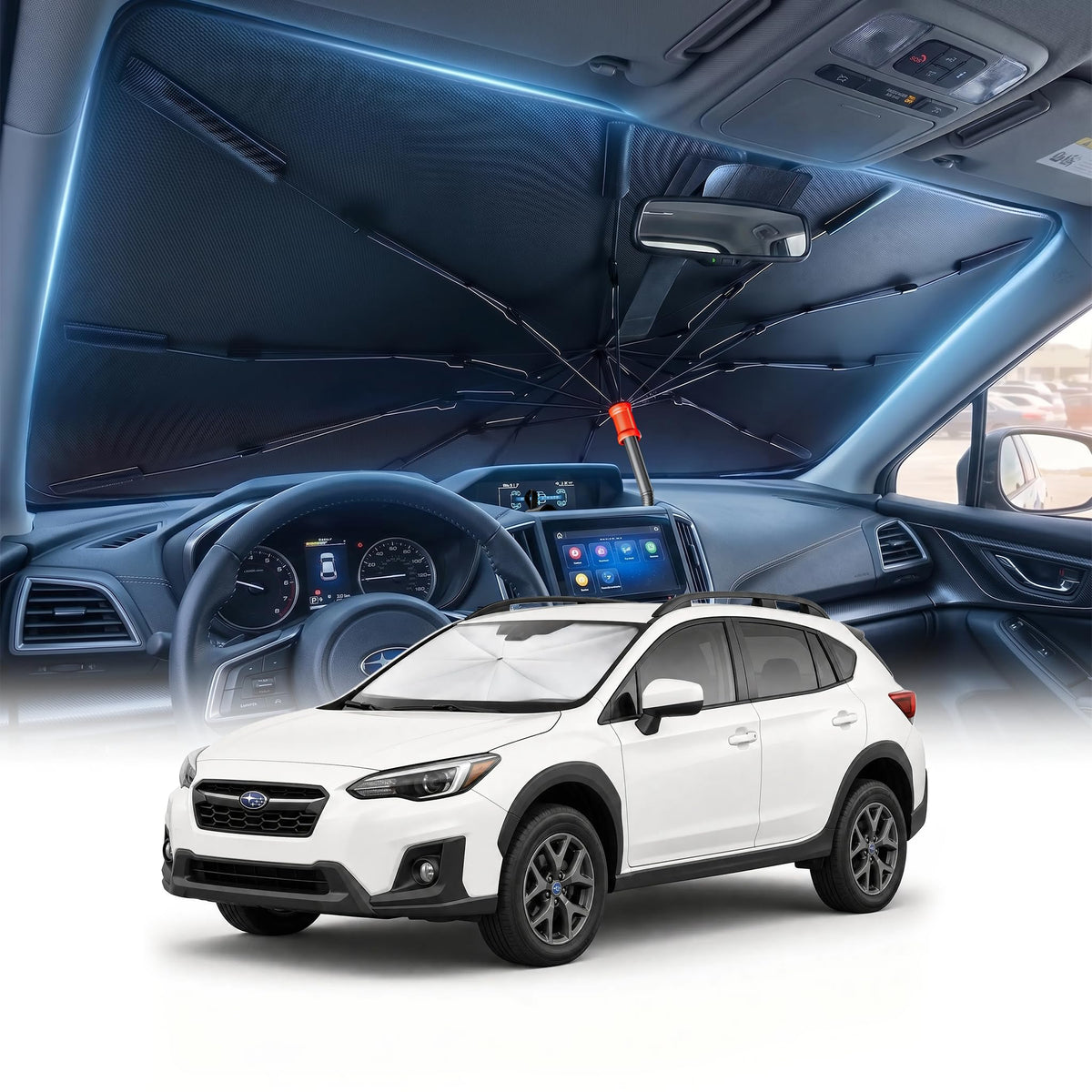 DMJN Umbrella Windshield Sun Shade for Car & SUV, Car Sunshade for Front Windshield [Nano Ice-Crystal Coatings] UPF50+ Heat & UV Block, Protect Interior & Keep Cooler Universal for Most of Sedan & SUV