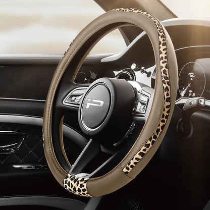 Road Comforts Steering Wheel Cover - Flat Bottom Wheel Cover Made with PVC Leather and Leopard Fabric - Universal Fit for 15-Inch D-Shaped Automotive Steering Wheels (Black Color)