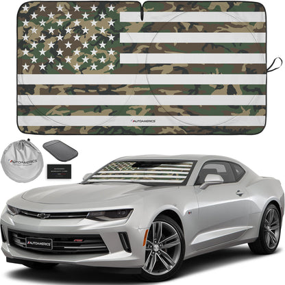 Autoamerics 1-Piece Windshield Sun Shade B&W American Flag USA Patriotic Design - Foldable Car Front Window Sunshade for Most Sedans SUV Truck - Blocks Max UV Rays and Keeps Your Vehicle Cool - Small