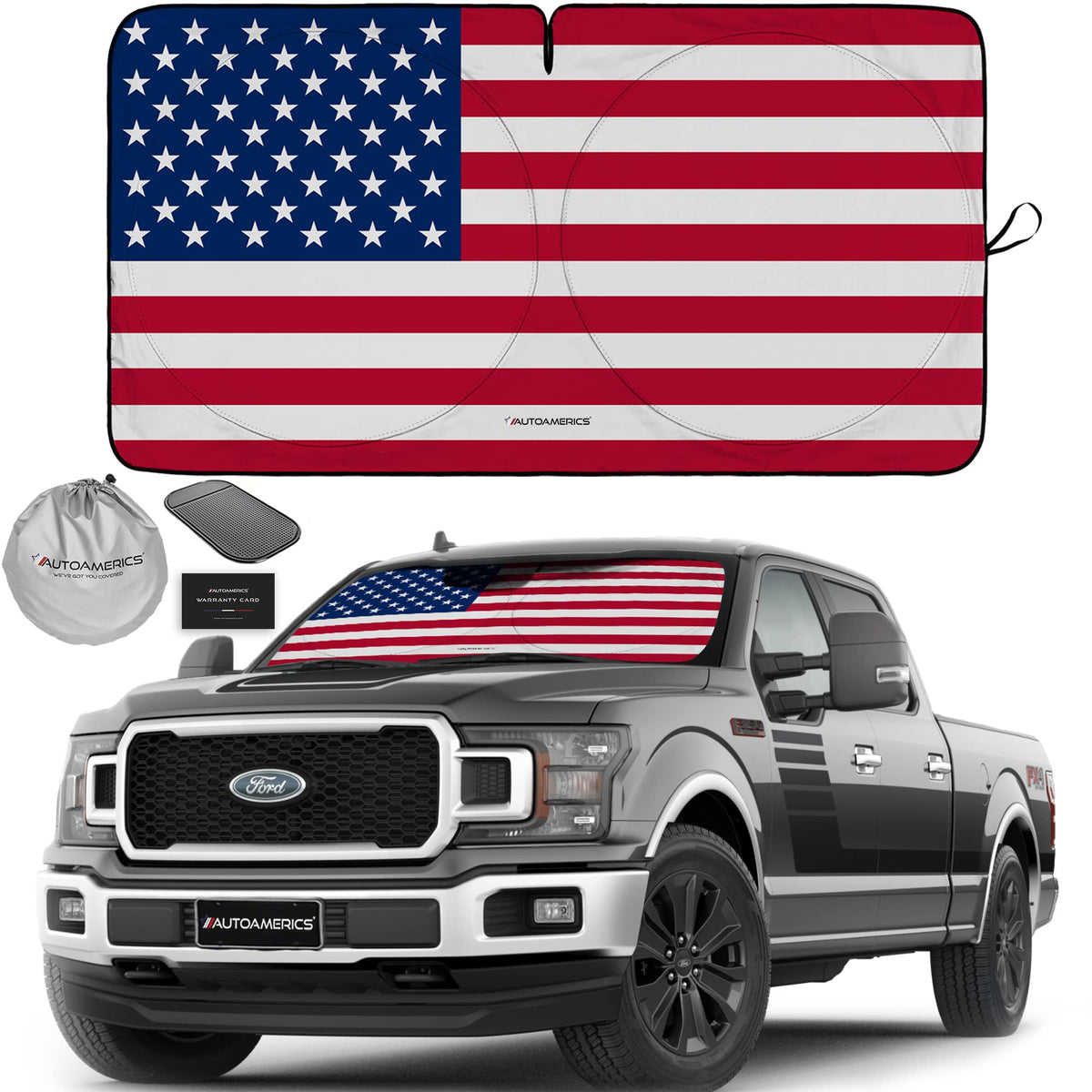 Autoamerics Truck Windshield Sun Shade - American Flag, 64 x 33.5 in