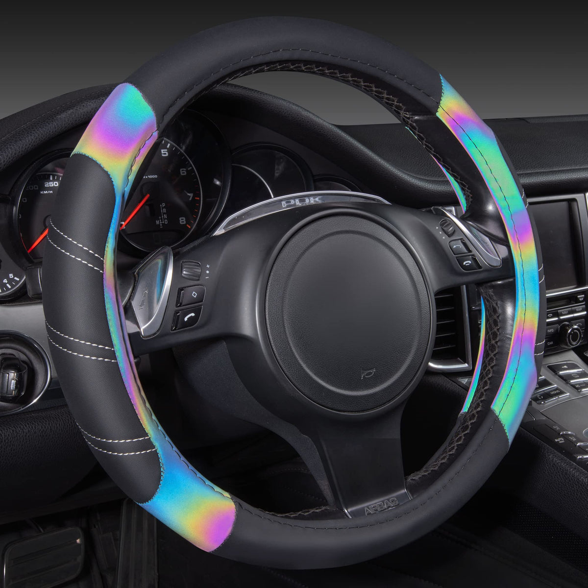 CAR PASS Line Rider Microfiber Leather Sporty 14.5-15 inch Steering Wheel Cover Universal Fits for 95% Truck,SUV,Cars, Anti-Slip Safety Comfortable Design (Black Purple)