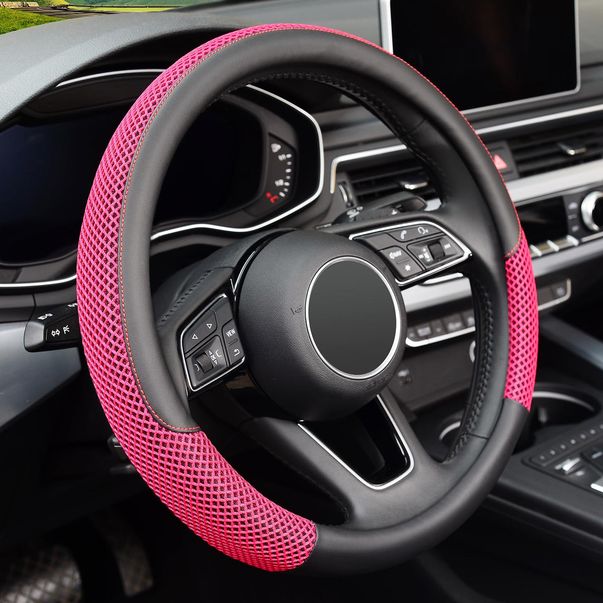 KAFEEK Steering Wheel Cover, Cooling Ice Silk Leather, 15 Inch, Blue