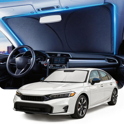 DMJN Front Windshield Sun Shade for Universal Medium Size, [Nano Ice-Crystal Coatings] UPF50+ Heat & UV Block, Protect Car Interior & Keep Cool, Flodable Steel-Ring Car Cover for Summer