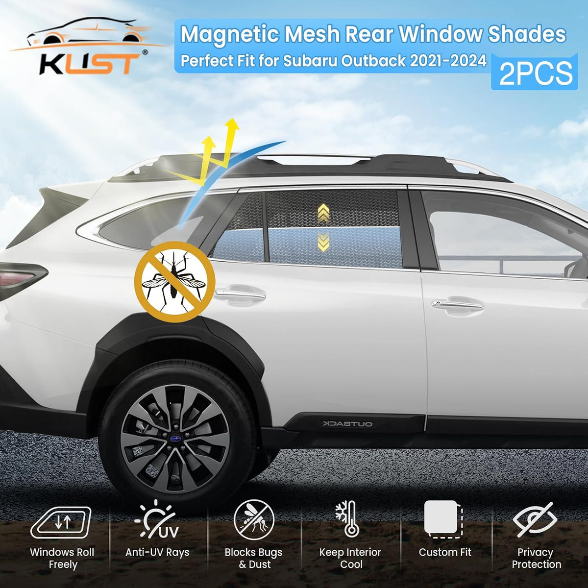 KUST Car Window Shades for 2021-2024 Subaru Outback Accessories, Breathable Mesh Magnetic Window Covers, Rear Back Side Window Sun Shades UV Block Privacy Protection for Baby Camping Napping 2PCS