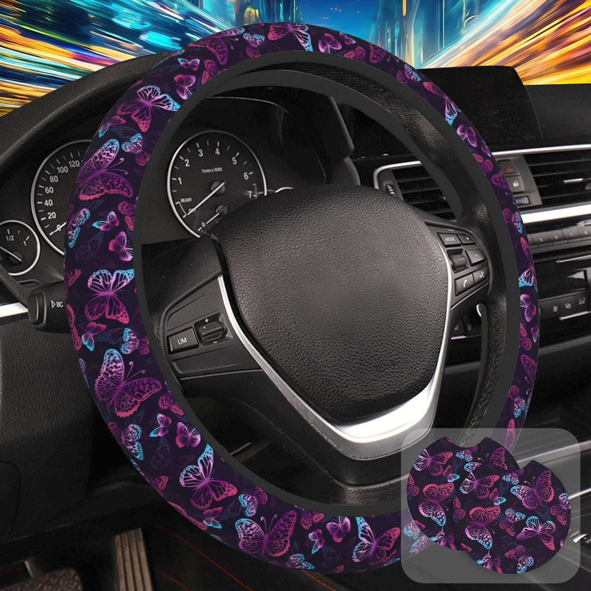 Botanical Flowers Berries Leaves Steering Wheel Cover for Women, Anti-Slip Car Steering Wheel Cover with 2 Pcs Cup Holders Neoprene Breathable Car Accessories Universal 15 Inch Auto Interior Decor