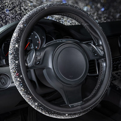 CAR PASS Bling Diamond Steering Wheel Cover Leopard Pattern, Sparkly Crystal Glitter Rhinestones Black Leather Wheel Protect for Women Girl Fit Suvs,Vans,Sedans,Cars,Trucks, 14" 1/2-15" Gold Leopard