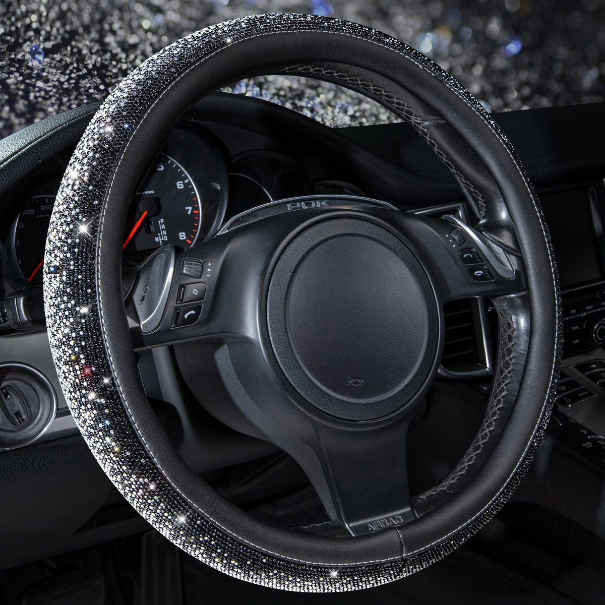 CAR PASS Bling Diamond Leather Steering Wheel Cover, with Bling Sparkly Crystal Glitter Rhinestones Universal Fit 14.5in-15in Car Wheel Protector for Women Girl Fit Suvs,Vans,Sedans,Car,Trucks, Silver