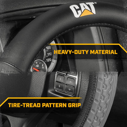 CAT® DuraGrip Car Steering Wheel Cover, Black Tire Tread Traction Design, Auto Steering Wheel Cover for Cars Trucks Vans SUVs, Improve Grip and Control, Durable Comfortable - Large 15"-16" Inches