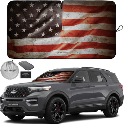 Autoamerics 1-Piece Windshield Sun Shade B&W American Flag USA Patriotic Design - Foldable Car Front Window Sunshade for Most Sedans SUV Truck - Blocks Max UV Rays and Keeps Your Vehicle Cool - Small