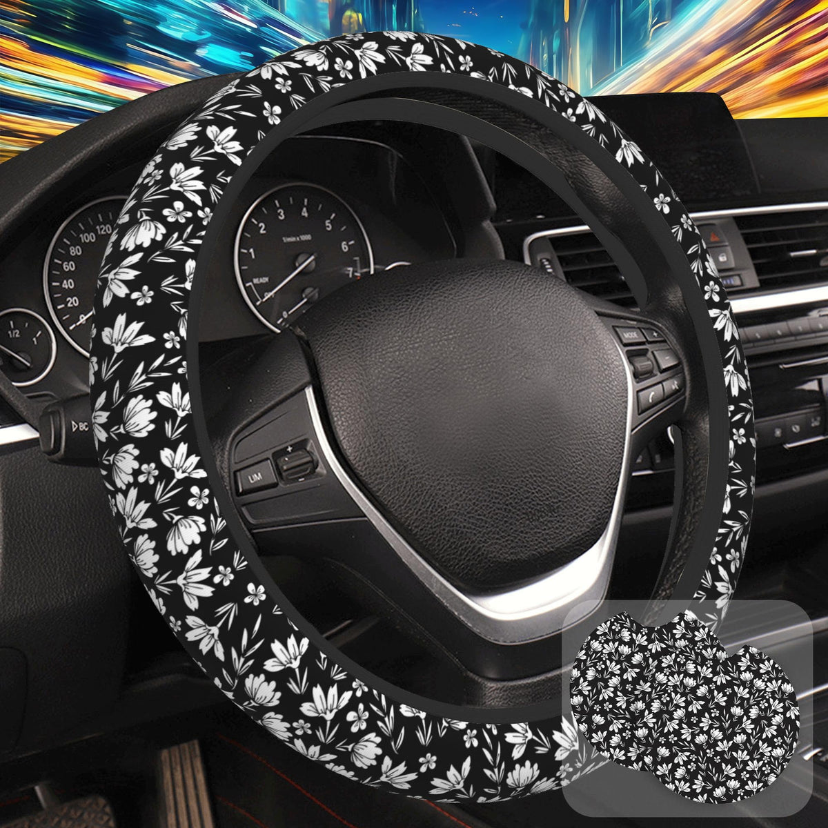 Botanical Flowers Berries Leaves Steering Wheel Cover for Women, Anti-Slip Car Steering Wheel Cover with 2 Pcs Cup Holders Neoprene Breathable Car Accessories Universal 15 Inch Auto Interior Decor